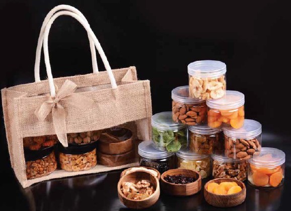 תיק יוטה עם חלון - 8 קופסאות רב פעמיות עם פירות יבשים