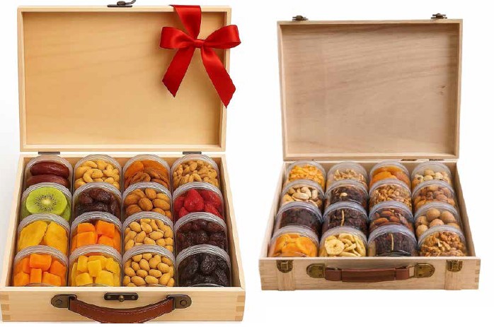 מזוודת עץ יוקרתית - 16 קופסאות רב פעמיות עם פירות יבשים