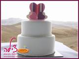 חתונה במדבר - עוגת חתונה לזוג שבחר לחגוג במדבר, מול הר המצדה (ברקע בצד שמאל)