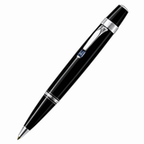 BOHEM  ballpen, Ballpoint pen with twist mechanism, barrel and cap made of black precious resin inlaid with Montblanc white star, platinum-plated rings and clip set with a sapphire gemstone.